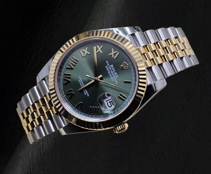 Rolex 126333 Datejust 41 mm Bicolor-Uhr mit grünem Zifferblatt und römischen Ziffern