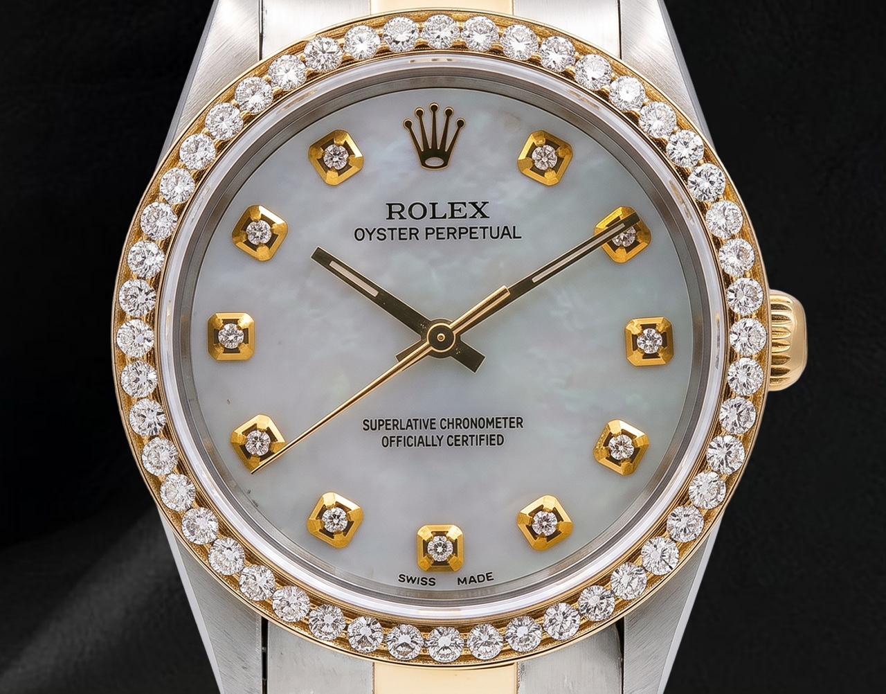 Rolex 14233 Bicolor Uhr 34 mm mit Diamantzifferblatt aus weißem Perlmutt