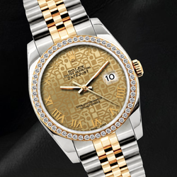 Rolex 16013 36 mm Bicolor Uhr mit champagnerfarbenem Jubilé-Zifferblatt, römischen Ziffern und Diamantlünette