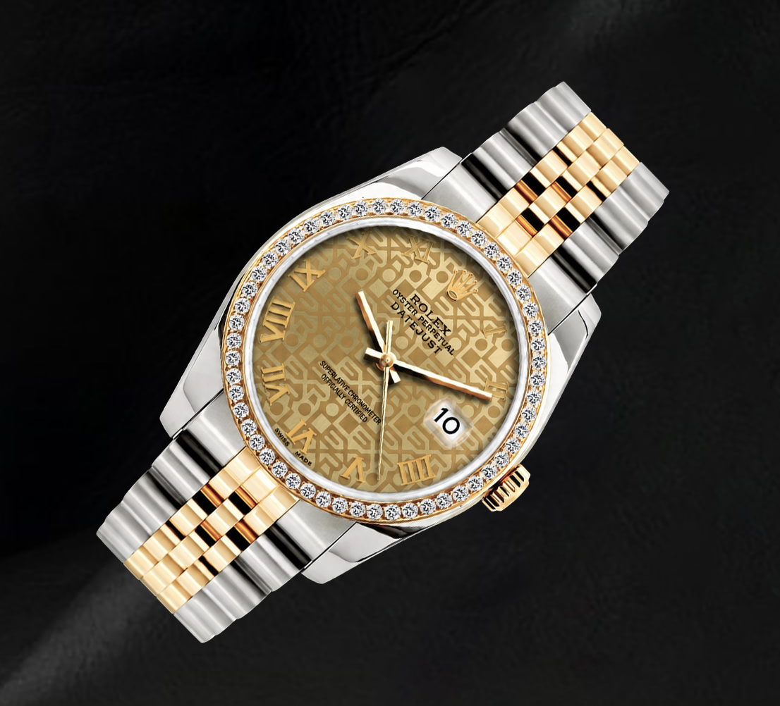 Rolex 16013 36 mm Bicolor Uhr mit champagnerfarbenem Jubilé-Zifferblatt, römischen Ziffern und Diamantlünette