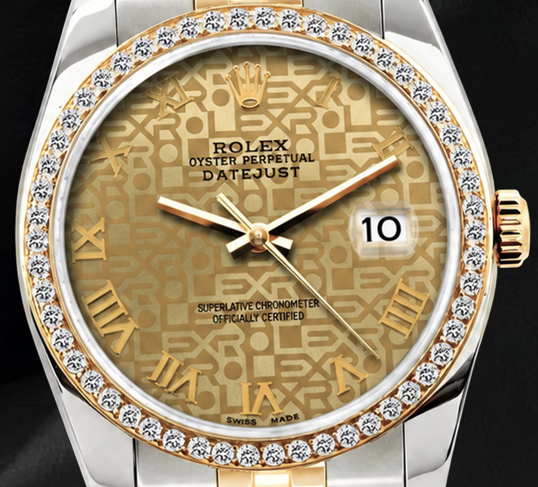 Rolex 16013 36 mm Bicolor Uhr mit champagnerfarbenem Jubilé-Zifferblatt, römischen Ziffern und Diamantlünette