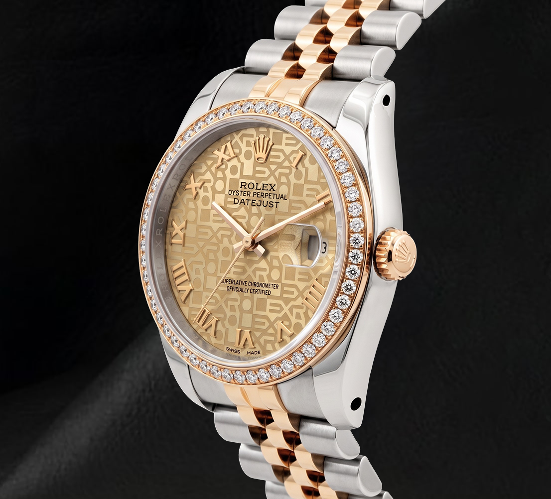 Rolex 16013 36 mm Bicolor Uhr mit champagnerfarbenem Jubilé-Zifferblatt, römischen Ziffern und Diamantlünette