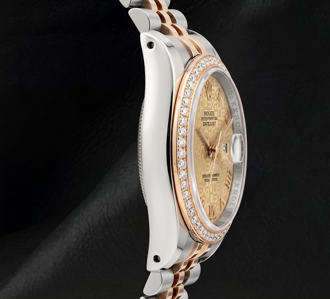 Rolex 16013 36 mm Bicolor Uhr mit champagnerfarbenem Jubilé-Zifferblatt, römischen Ziffern und Diamantlünette