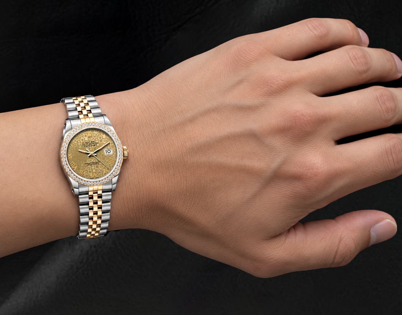 Rolex 16013 36 mm Bicolor Uhr mit champagnerfarbenem Jubilé-Zifferblatt, römischen Ziffern und Diamantlünette