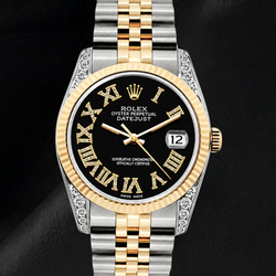 Rolex 16013 Datejust 36 mm Bicolor-Uhr mit schwarzem Diamantzifferblatt und römischen Ziffern