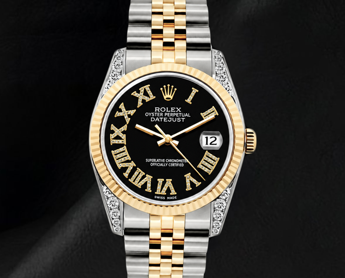 Rolex 16013 Datejust 36 mm Bicolor-Uhr mit schwarzem Diamantzifferblatt und römischen Ziffern