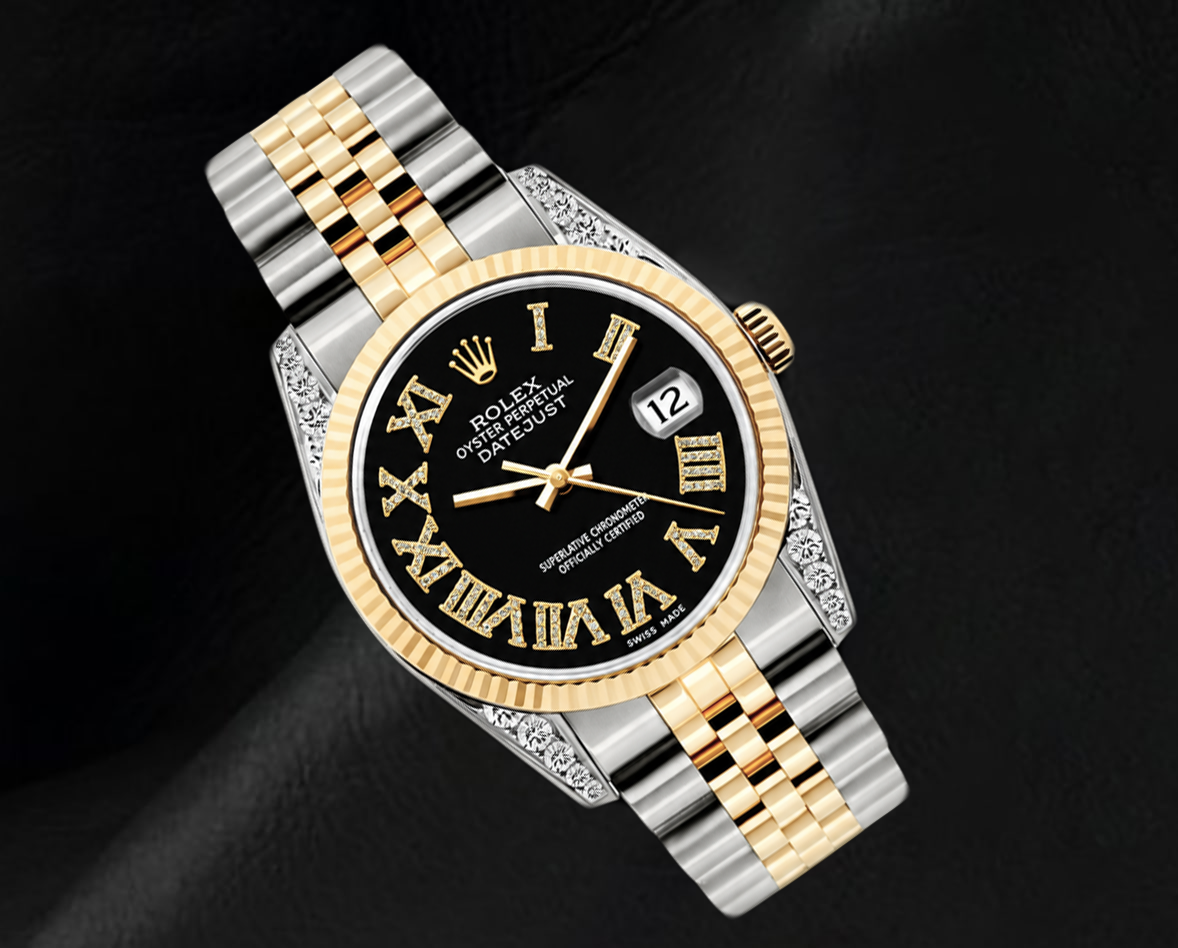 Rolex 16013 Datejust 36 mm Bicolor-Uhr mit schwarzem Diamantzifferblatt und römischen Ziffern