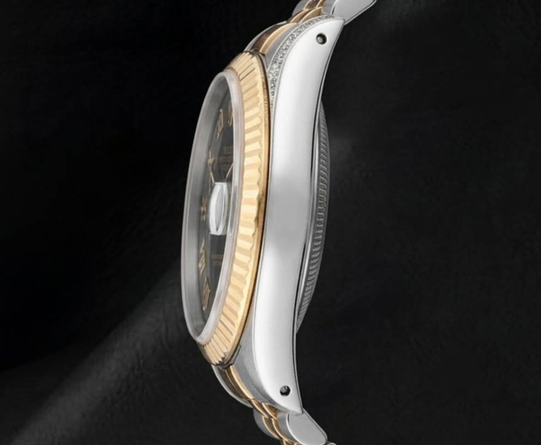 Rolex 16013 Datejust 36 mm Bicolor-Uhr mit schwarzem Diamantzifferblatt und römischen Ziffern