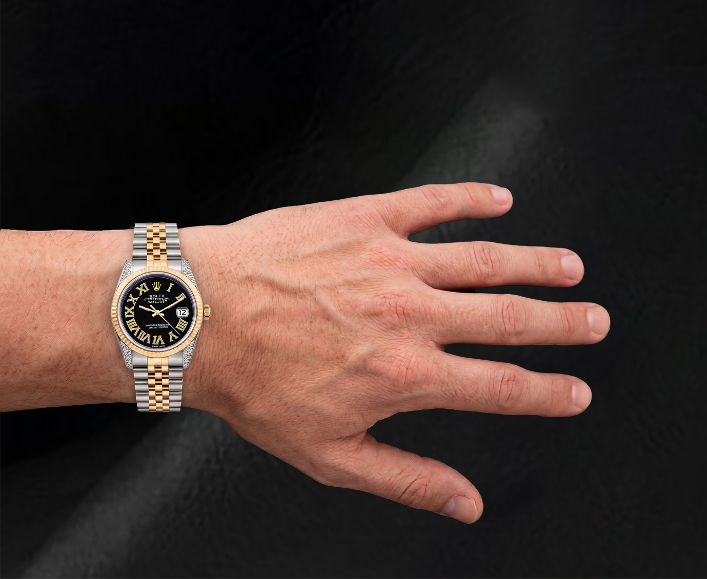 Rolex 16013 Datejust 36 mm Bicolor-Uhr mit schwarzem Diamantzifferblatt und römischen Ziffern