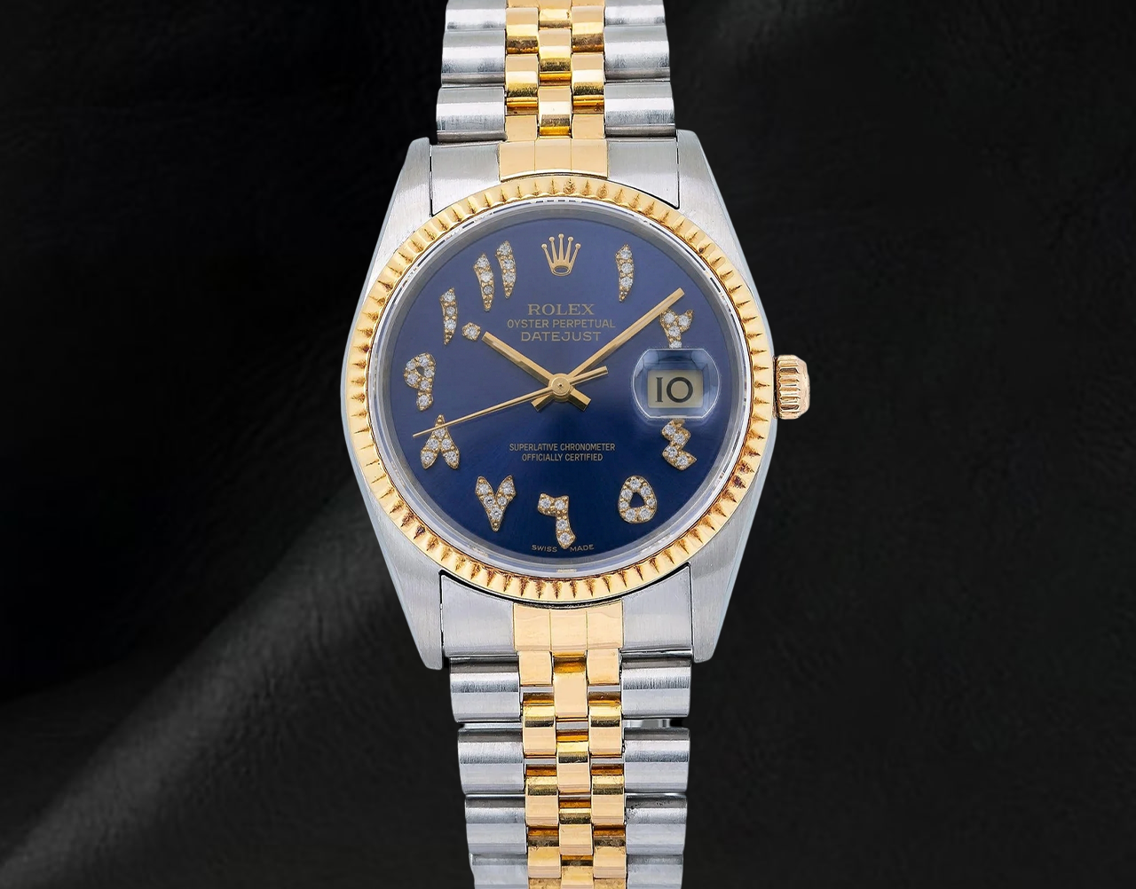 Rolex 16013 Datejust 36 mm Bicolor-Uhr Blaues arabisch-indisches Diamantzifferblatt
