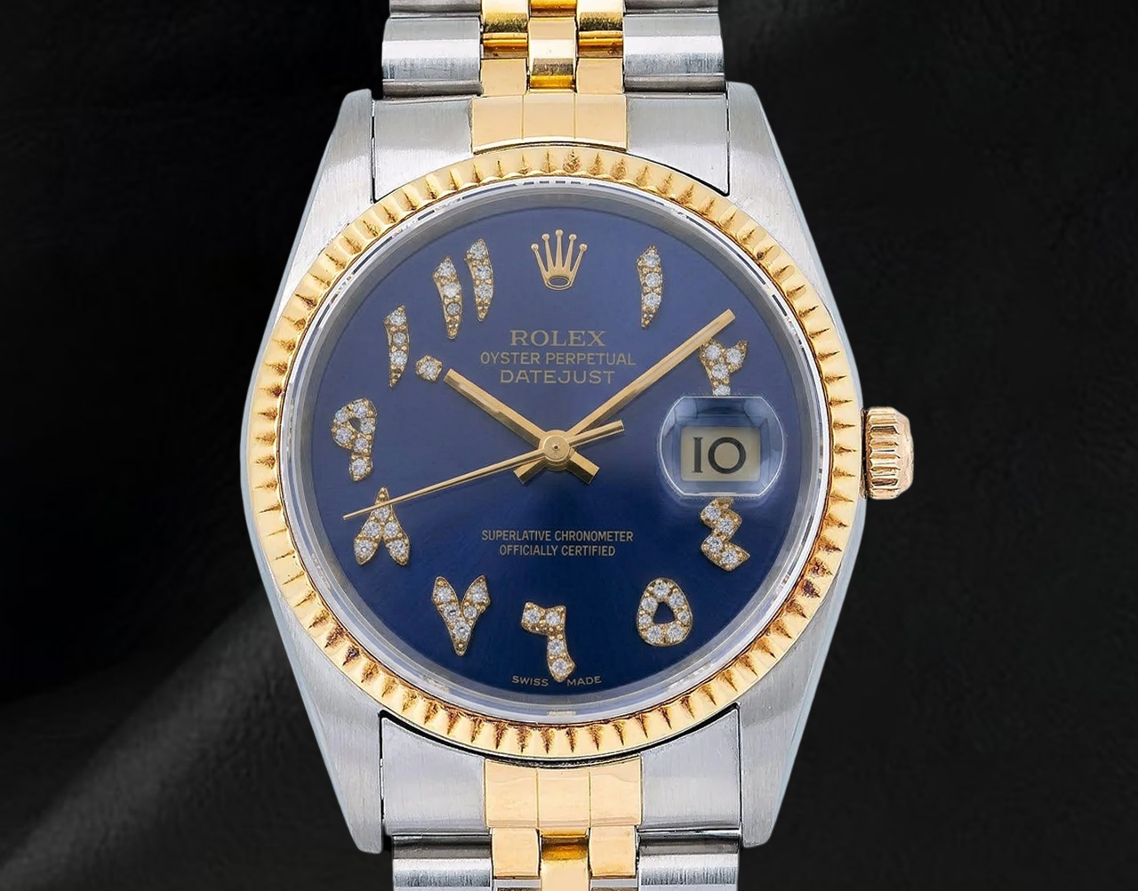 Rolex 16013 Datejust 36 mm Bicolor-Uhr Blaues arabisch-indisches Diamantzifferblatt