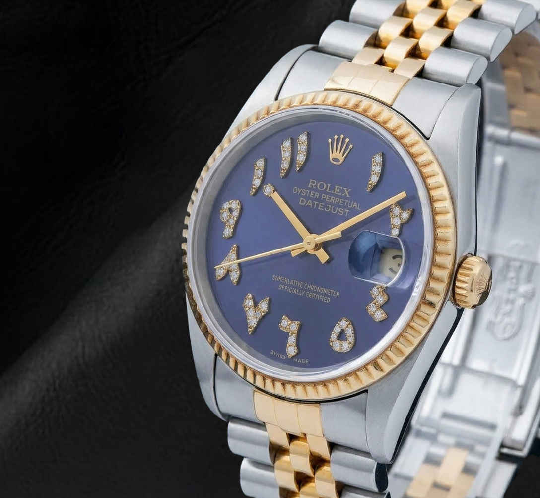 Rolex 16013 Datejust 36 mm Bicolor-Uhr Blaues arabisch-indisches Diamantzifferblatt