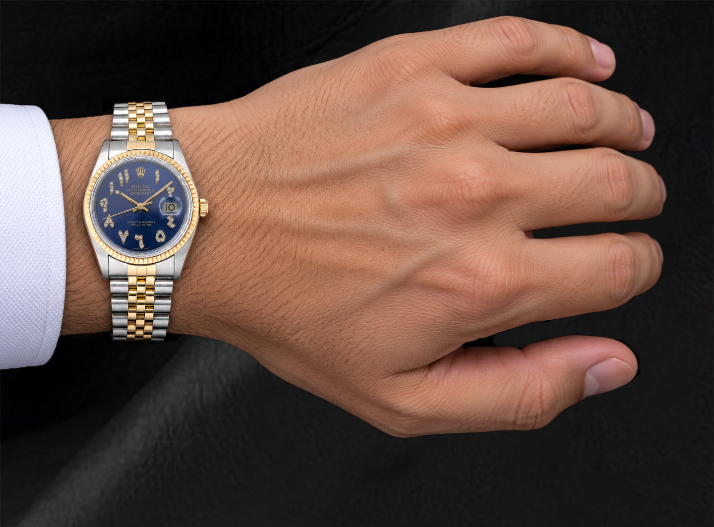 Rolex 16013 Datejust 36 mm Bicolor-Uhr Blaues arabisch-indisches Diamantzifferblatt