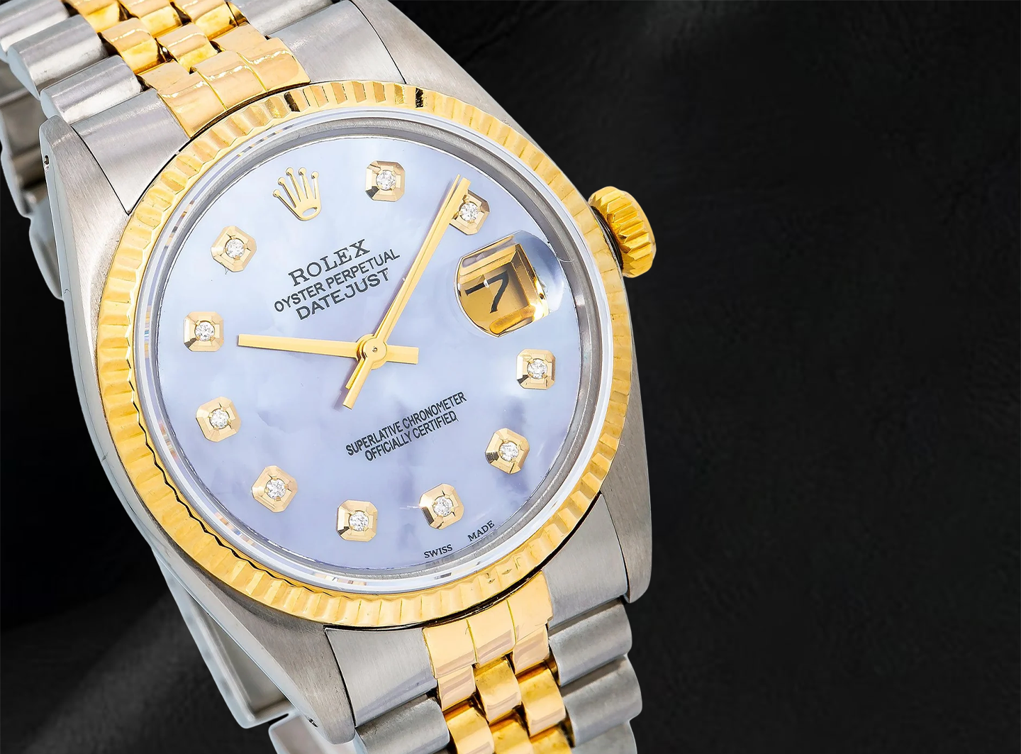Rolex 16013 Datejust 36 mm Bicolor Uhr mit blauem Perlmutt-Diamantzifferblatt