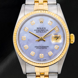 Rolex 16013 Datejust 36 mm Bicolor Uhr mit blauem Perlmutt-Diamantzifferblatt