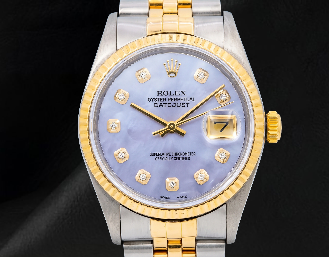 Rolex 16013 Datejust 36 mm Bicolor Uhr mit blauem Perlmutt-Diamantzifferblatt