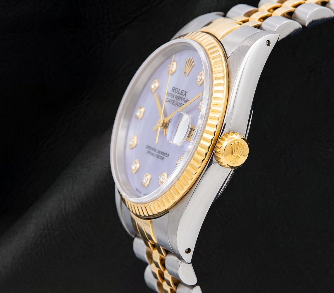 Rolex 16013 Datejust 36 mm Bicolor Uhr mit blauem Perlmutt-Diamantzifferblatt