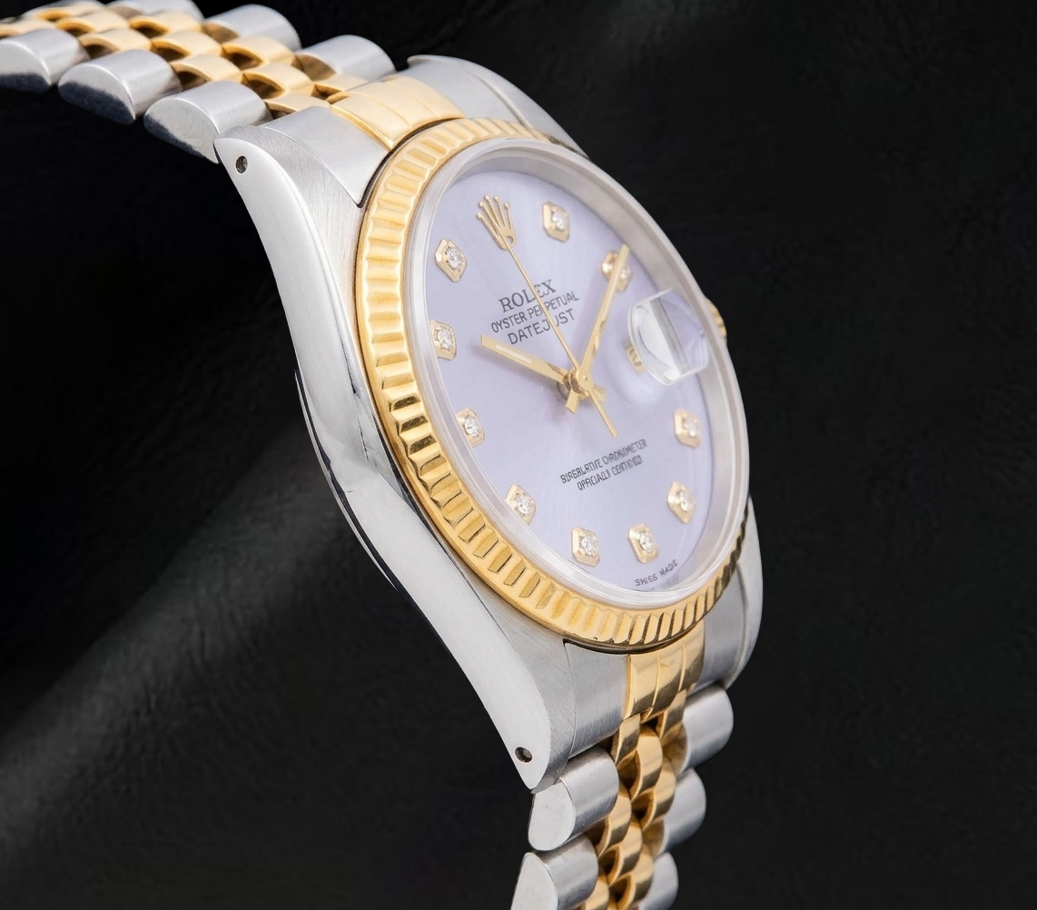Rolex 16013 Datejust 36 mm Bicolor Uhr mit blauem Perlmutt-Diamantzifferblatt
