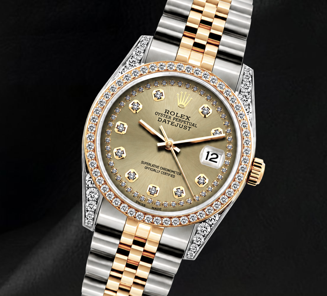 Rolex 16013 Datejust 36 mm Champagner-Diamantzifferblatt Diamantlünette Bicolor Uhr