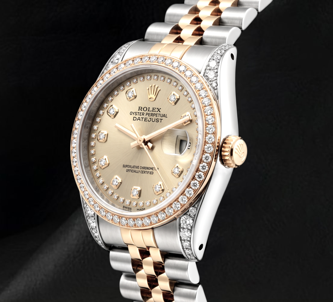 Rolex 16013 Datejust 36 mm Champagner-Diamantzifferblatt Diamantlünette Bicolor Uhr