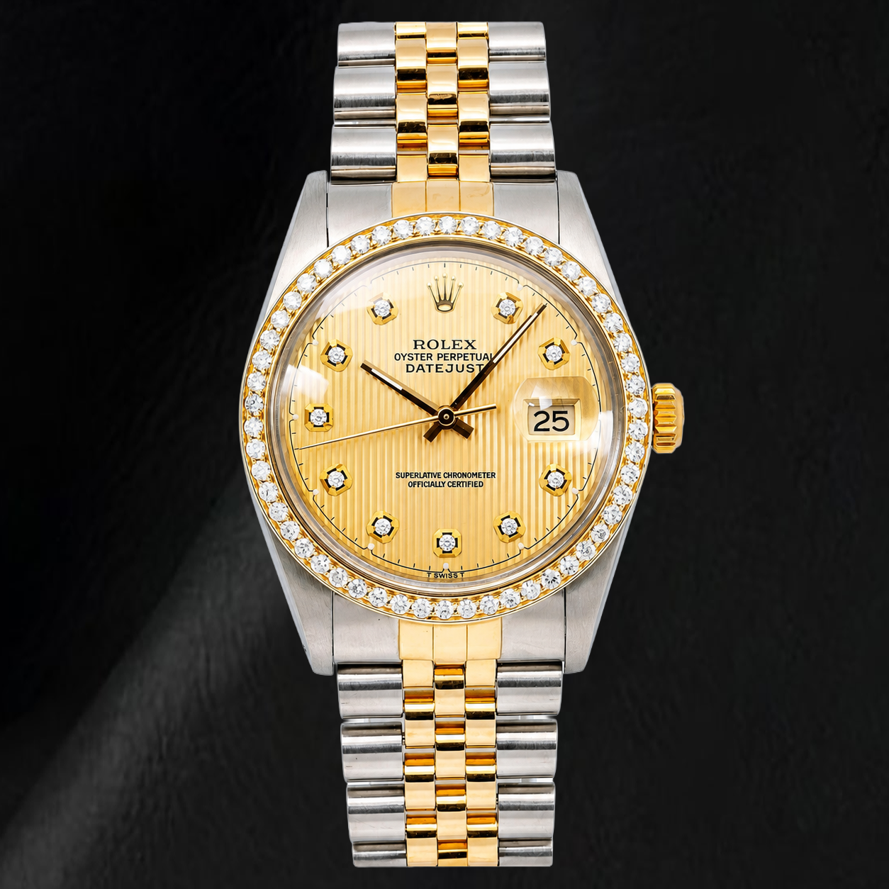 Rolex 16013 Datejust 36 mm Bicolor-Uhr mit champagnerfarbenem Tapisserie-Diamantzifferblatt