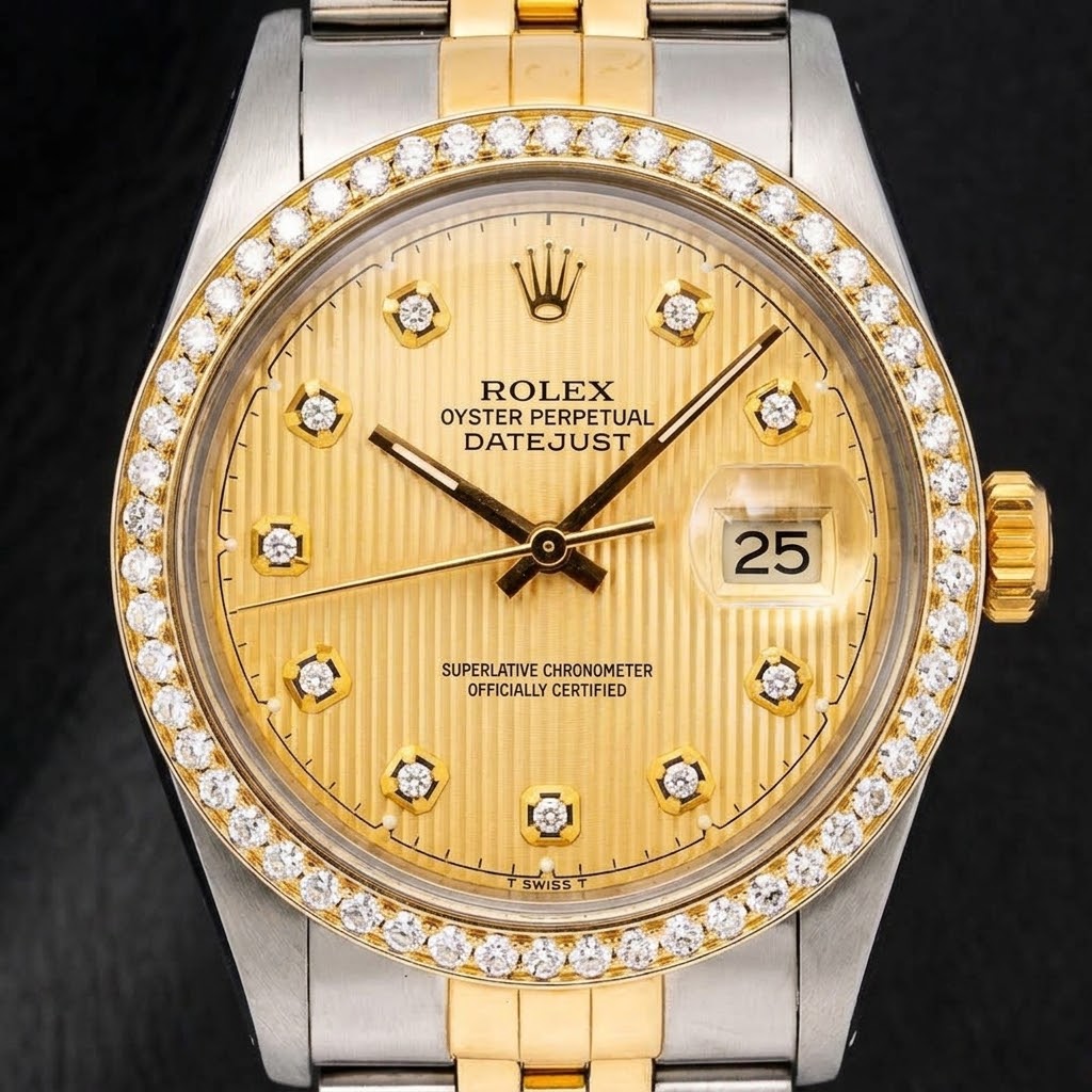 Rolex 16013 Datejust 36 mm Bicolor-Uhr mit champagnerfarbenem Tapisserie-Diamantzifferblatt