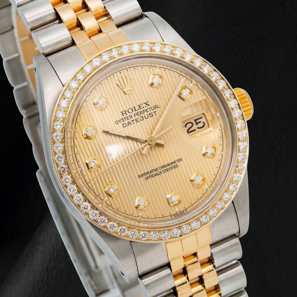 Rolex 16013 Datejust 36 mm Bicolor-Uhr mit champagnerfarbenem Tapisserie-Diamantzifferblatt
