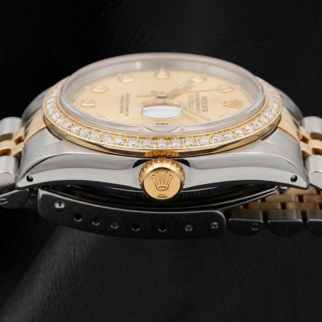 Rolex 16013 Datejust 36 mm Bicolor-Uhr mit champagnerfarbenem Tapisserie-Diamantzifferblatt