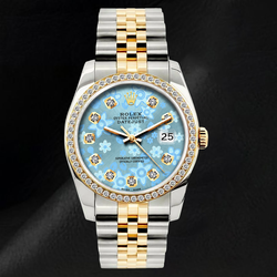 Rolex 16013 Datejust 36 mm Bicolor Uhr mit eisblauem floralem Diamantzifferblatt