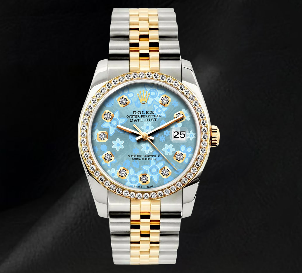Rolex 16013 Datejust 36 mm Bicolor Uhr mit eisblauem floralem Diamantzifferblatt