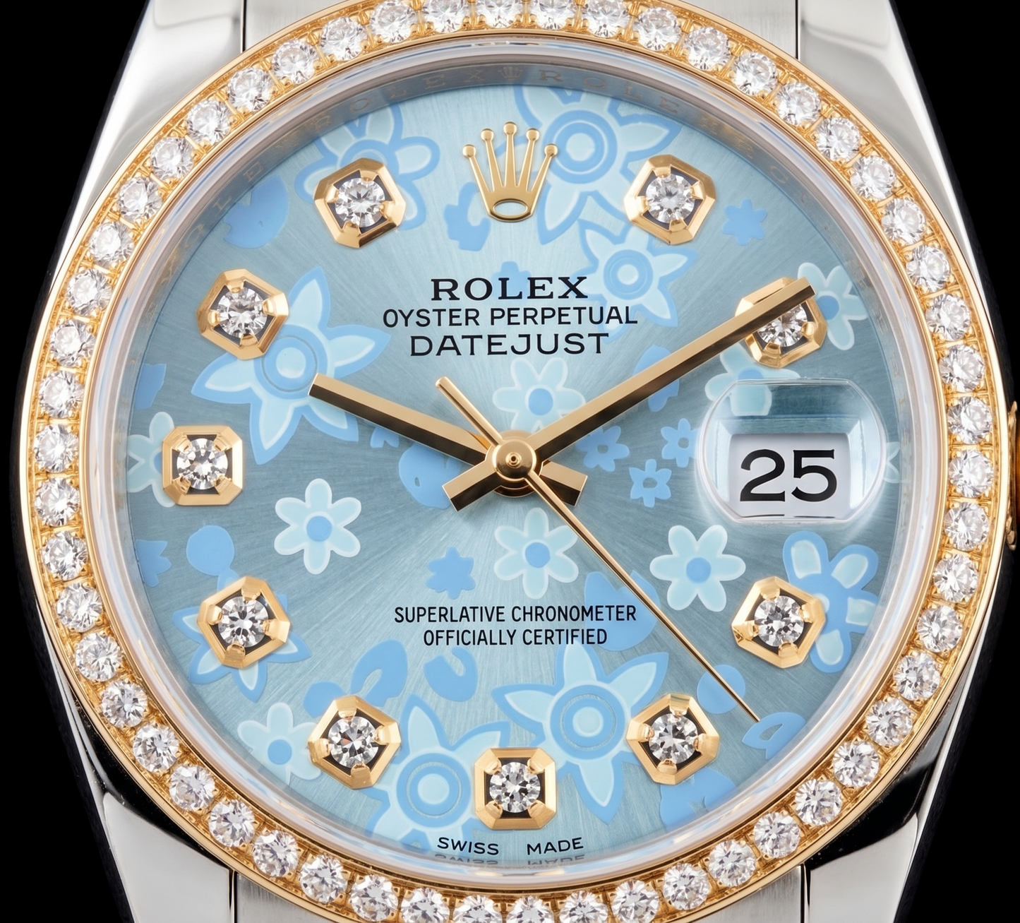 Rolex 16013 Datejust 36 mm Bicolor Uhr mit eisblauem floralem Diamantzifferblatt