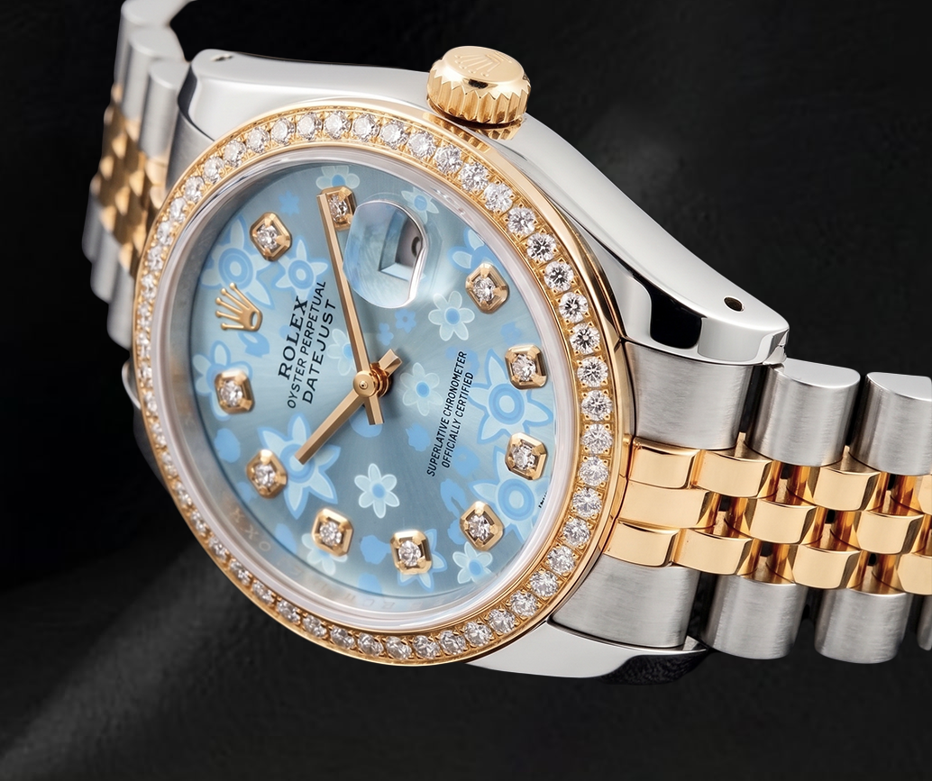 Rolex 16013 Datejust 36 mm Bicolor Uhr mit eisblauem floralem Diamantzifferblatt