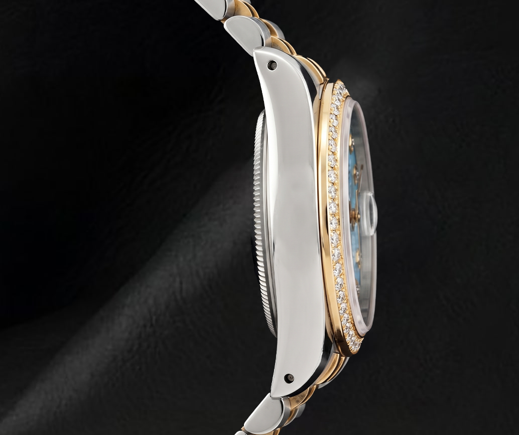 Rolex 16013 Datejust 36 mm Bicolor Uhr mit eisblauem floralem Diamantzifferblatt