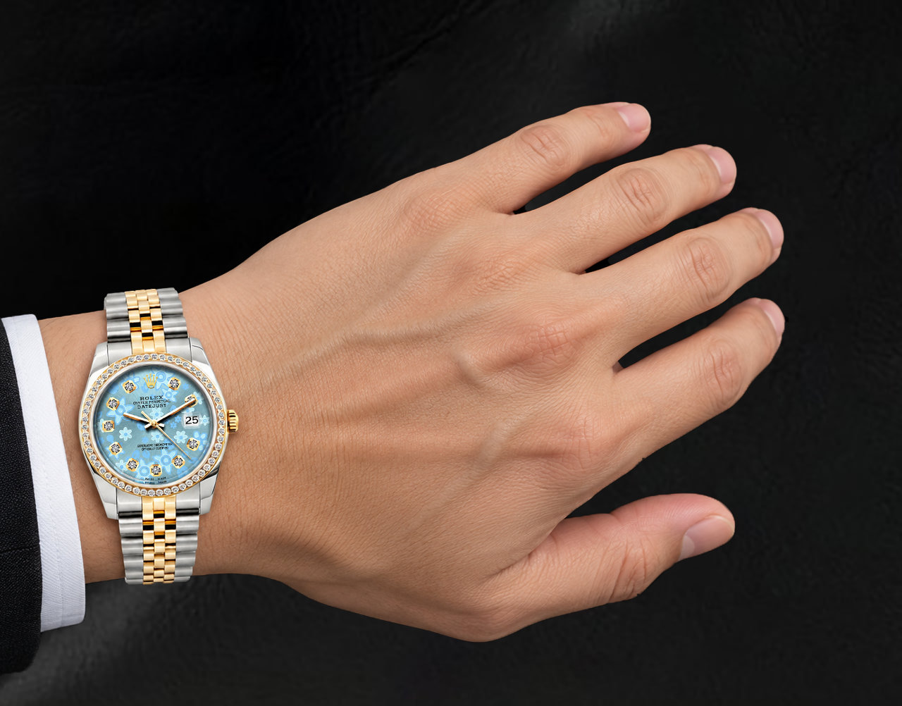 Rolex 16013 Datejust 36 mm Bicolor Uhr mit eisblauem floralem Diamantzifferblatt