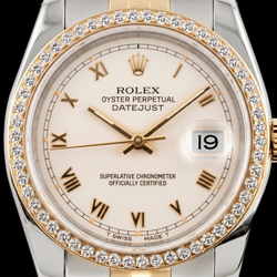 Rolex 16013 Datejust 36 mm Bicolor-Armbanduhr mit elfenbeinfarbenem Zifferblatt und römischen Ziffern