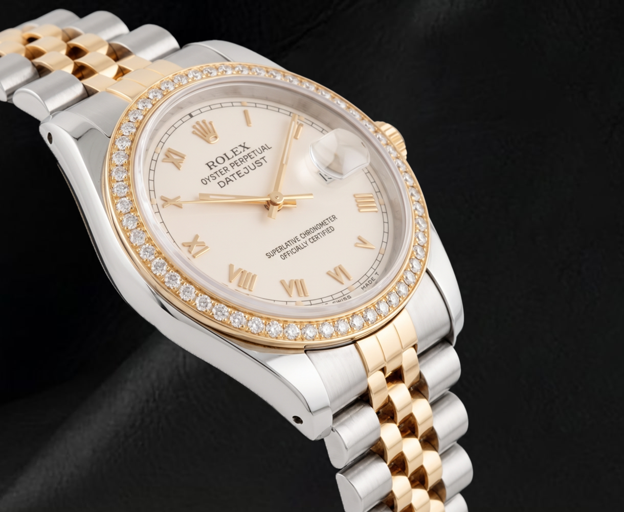 Rolex 16013 Datejust 36 mm Bicolor-Armbanduhr mit elfenbeinfarbenem Zifferblatt und römischen Ziffern
