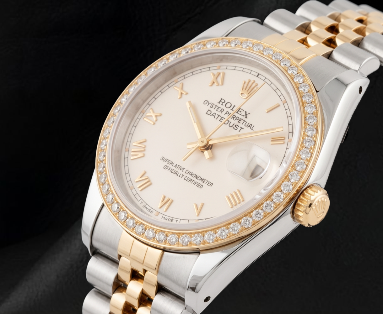 Rolex 16013 Datejust 36 mm Bicolor-Armbanduhr mit elfenbeinfarbenem Zifferblatt und römischen Ziffern