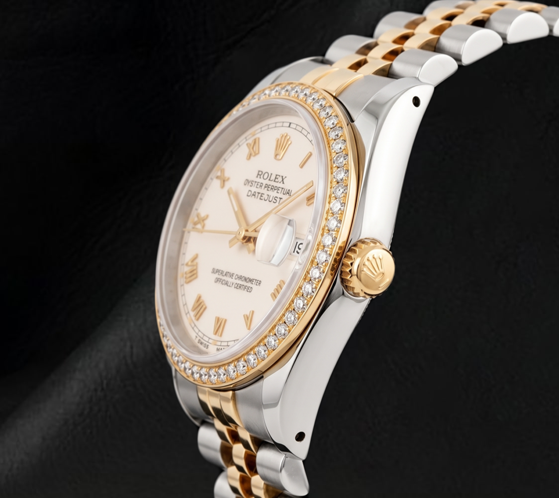 Rolex 16013 Datejust 36 mm Bicolor-Armbanduhr mit elfenbeinfarbenem Zifferblatt und römischen Ziffern