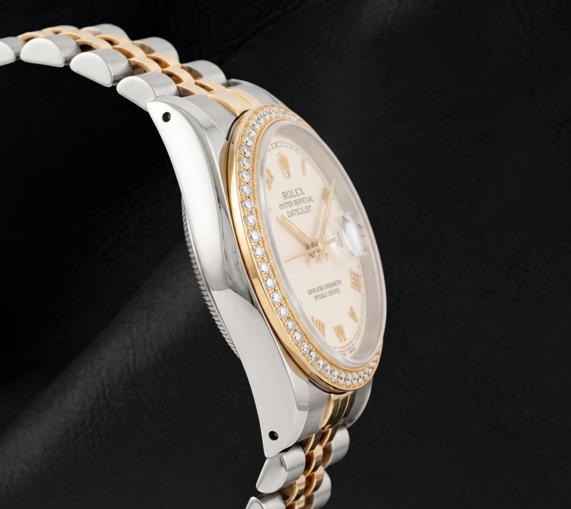 Rolex 16013 Datejust 36 mm Bicolor-Armbanduhr mit elfenbeinfarbenem Zifferblatt und römischen Ziffern