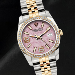Rolex 16013 Datejust 36 mm Uhr mit rosa Wellenmuster-Diamantzifferblatt, arabischen Ziffern und Diamantlünette