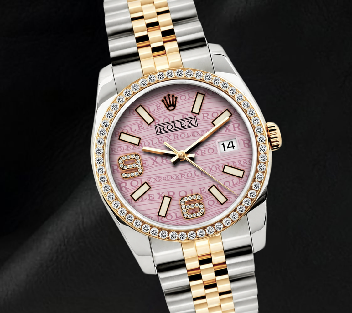 Rolex 16013 Datejust 36 mm Uhr mit rosa Wellenmuster-Diamantzifferblatt, arabischen Ziffern und Diamantlünette