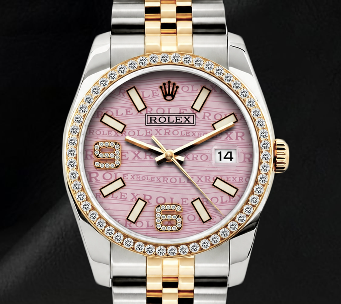 Rolex 16013 Datejust 36 mm Uhr mit rosa Wellenmuster-Diamantzifferblatt, arabischen Ziffern und Diamantlünette