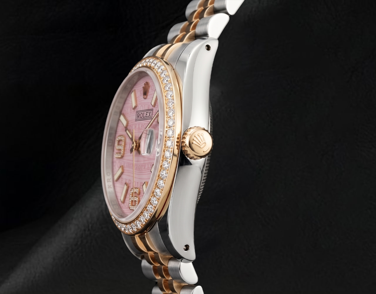 Rolex 16013 Datejust 36 mm Uhr mit rosa Wellenmuster-Diamantzifferblatt, arabischen Ziffern und Diamantlünette