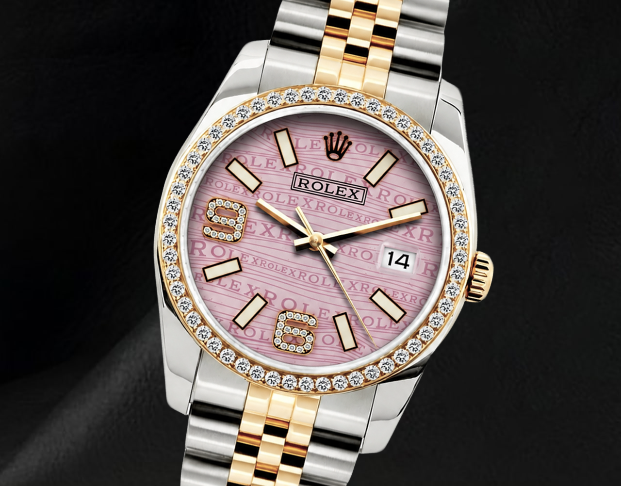 Rolex 16013 Datejust 36 mm Uhr mit rosa Wellenmuster-Diamantzifferblatt, arabischen Ziffern und Diamantlünette