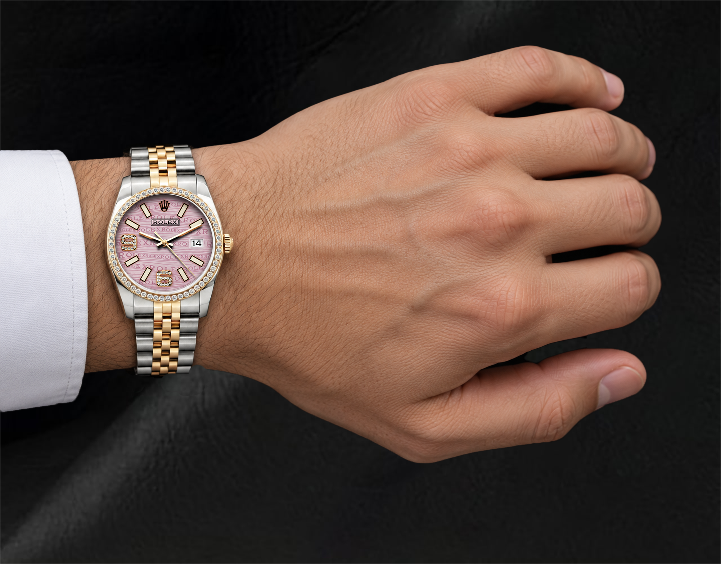 Rolex 16013 Datejust 36 mm Uhr mit rosa Wellenmuster-Diamantzifferblatt, arabischen Ziffern und Diamantlünette