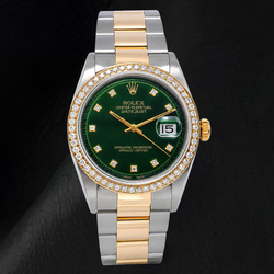 Rolex 1601 Datejust 36 mm Bicolor-Uhr mit grünem Diamantzifferblatt