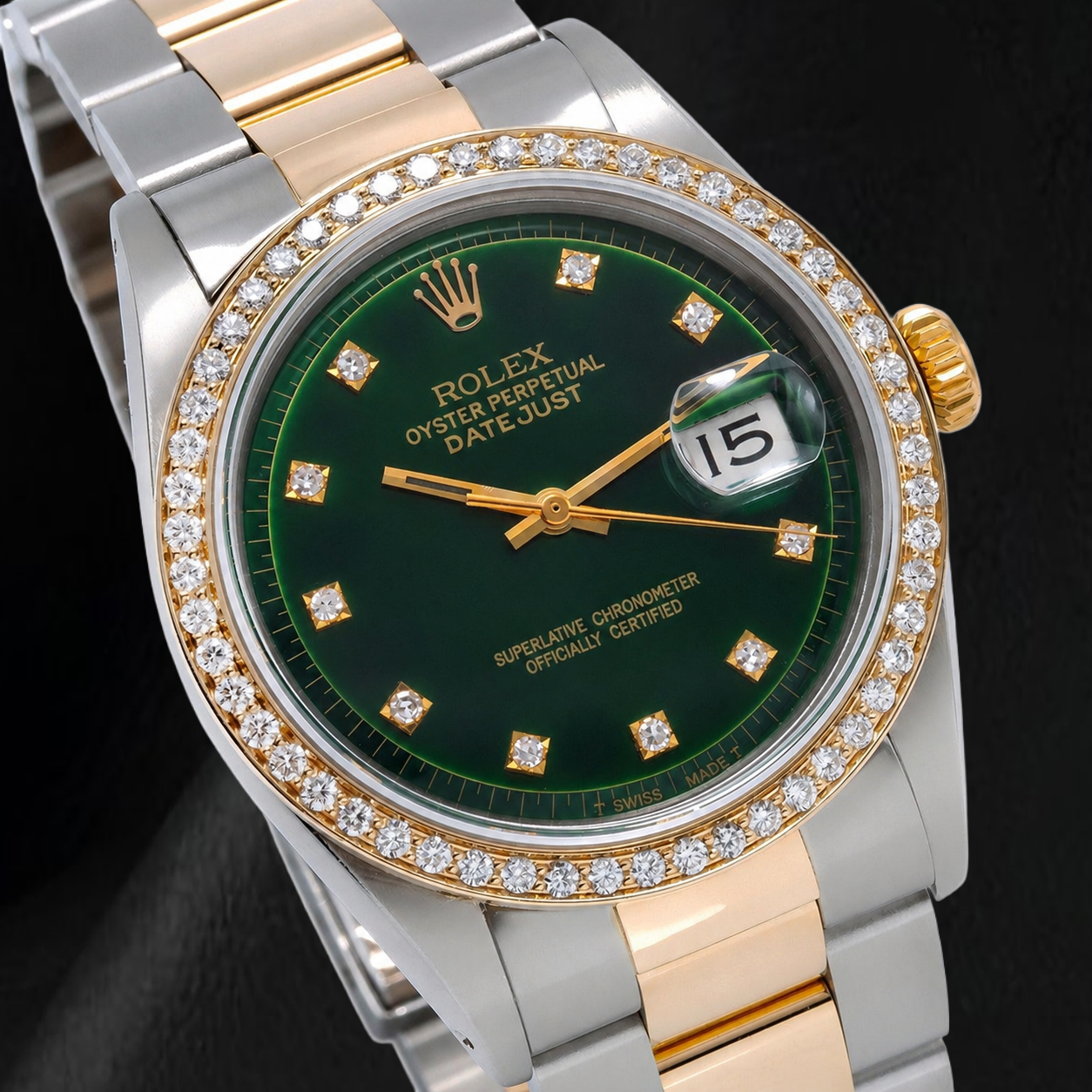 Rolex 1601 Datejust 36 mm Bicolor-Uhr mit grünem Diamantzifferblatt