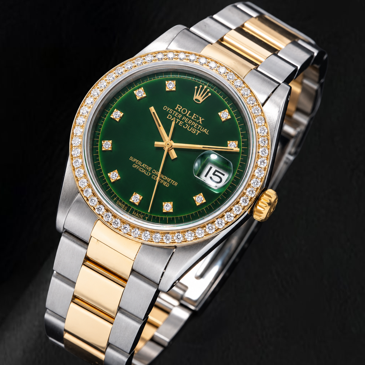 Rolex 1601 Datejust 36 mm Bicolor-Uhr mit grünem Diamantzifferblatt