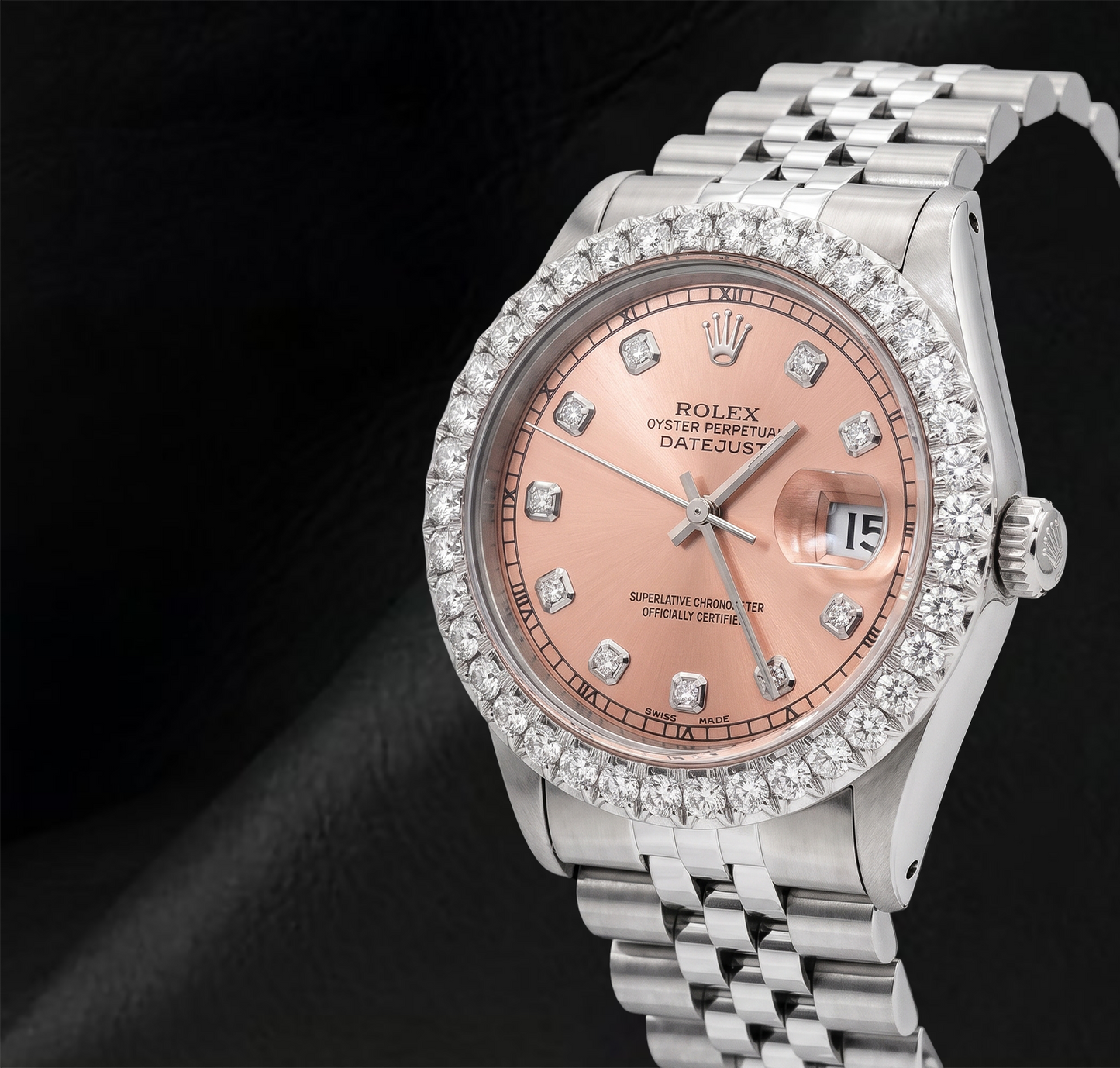Rolex 1601 Datejust Lachsfarbenes Diamantzifferblatt 36 mm Edelstahl Uhr