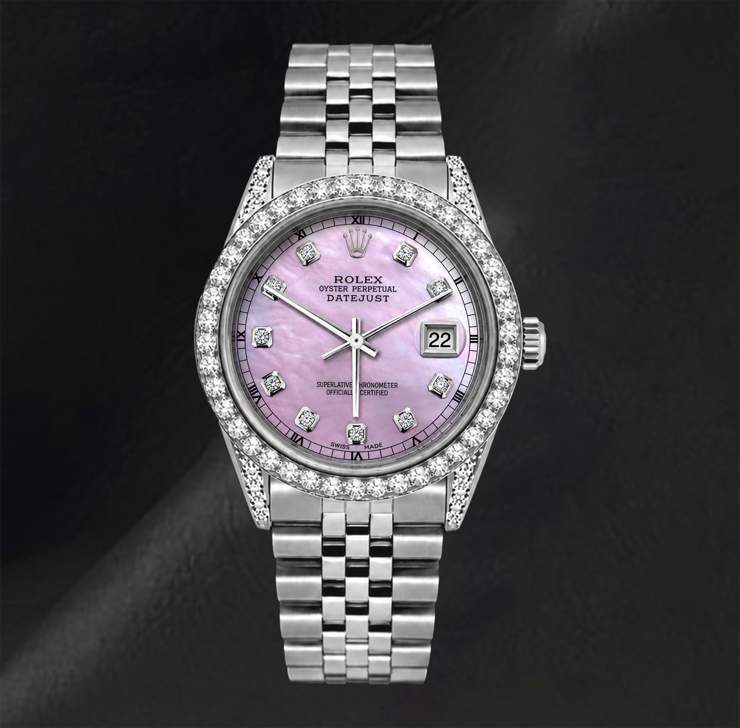 Rolex 16200 Datejust 36 mm Edelstahl-Uhr mit rosa Diamantzifferblatt und Diamantlünette